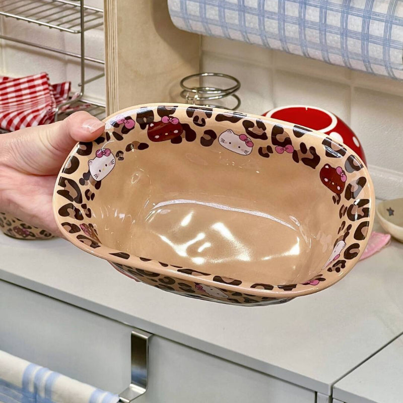 Cute Hello Kitty Leopard Print Ceramic Oval Tub Bowl | Deep Serving Plate