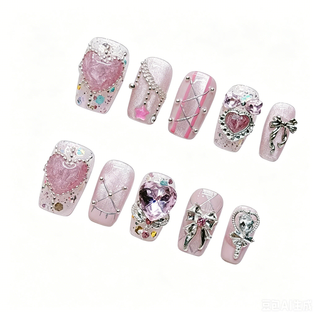 Y2K Pink Heart Press On Nails | 3D Rhinestone Bow Short Square False Nails