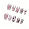 Y2K Pink Heart Press On Nails | 3D Rhinestone Bow Short Square False Nails
