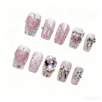 Y2K Pink Heart Press On Nails | 3D Rhinestone Bow Short Square False Nails