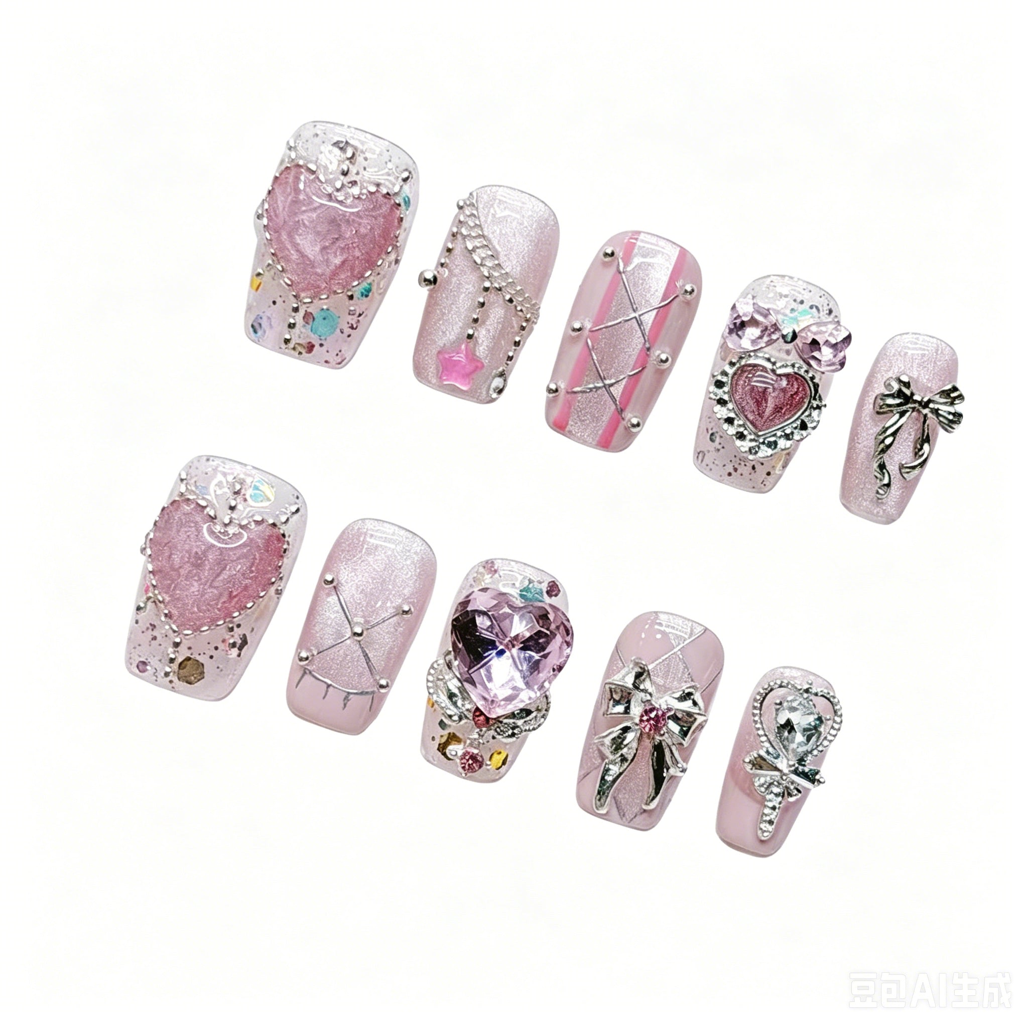 Y2K Pink Heart Press On Nails | 3D Rhinestone Bow Short Square False Nails