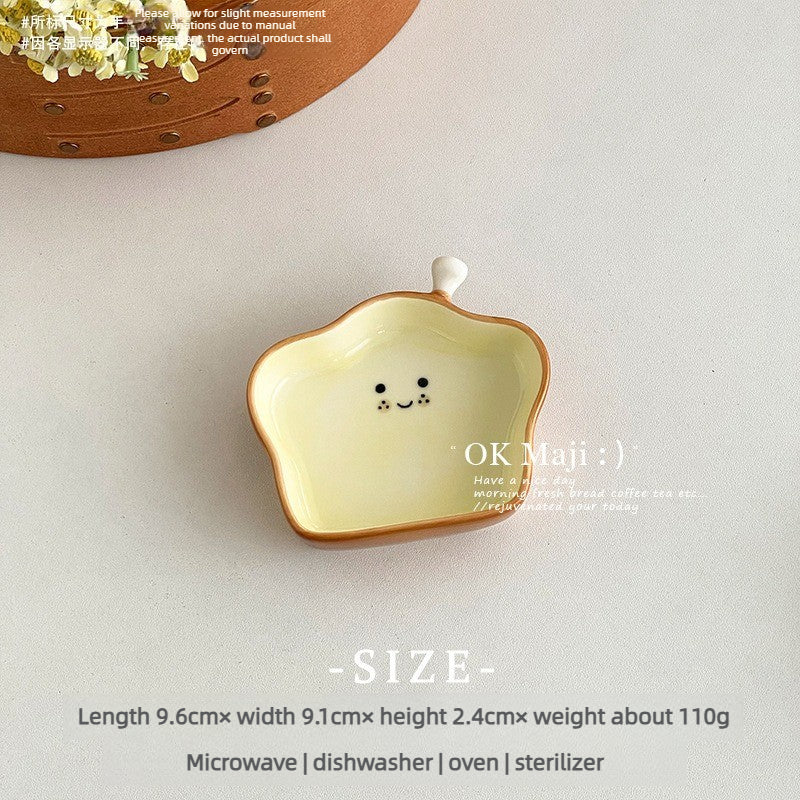 Cute Bread‑Shaped Ceramic Plate Set | 3D Cartoon Toast Design Dishes with Sauce Bowl for Dessert & Snack Serving