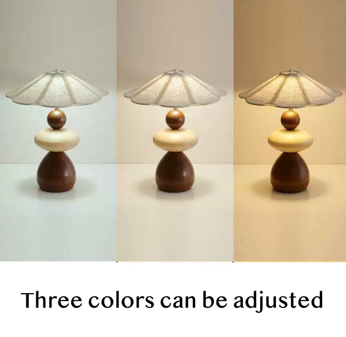 Mid-Century Wooden Table Lamp - Handcrafted Stacked Base with Linen Scalloped Shade