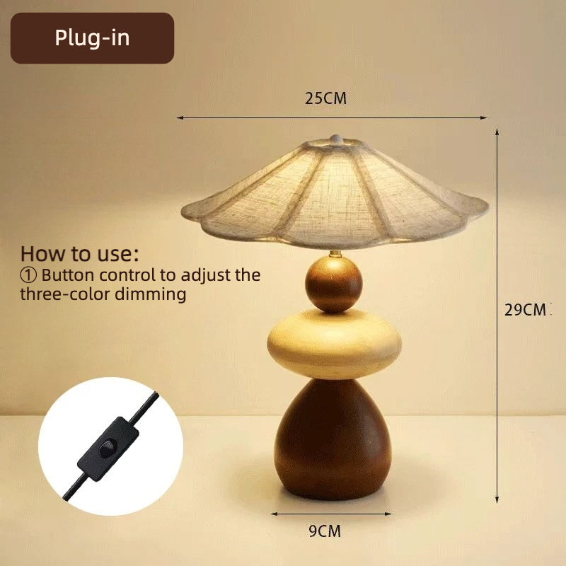 Mid-Century Wooden Table Lamp - Handcrafted Stacked Base with Linen Scalloped Shade