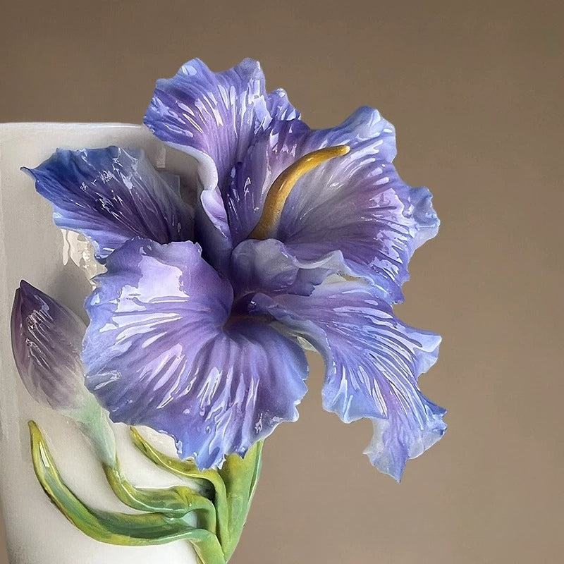 Hand‑Sculpted Purple Iris Flower Ceramic Mug | Artisan 3D Iris Coffee Cup Handmade Decorative Tableware