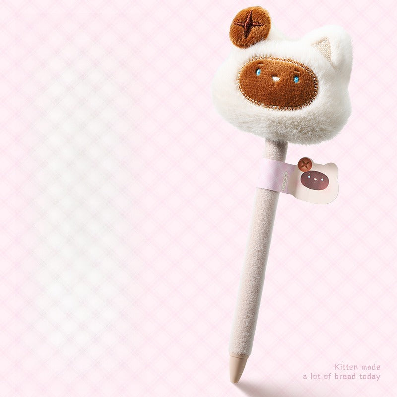 Cute Plush Bread‑Head Cat Retractable Gel Pen | Kawaii Stress Relief Quick‑Dry Black Ink Pen