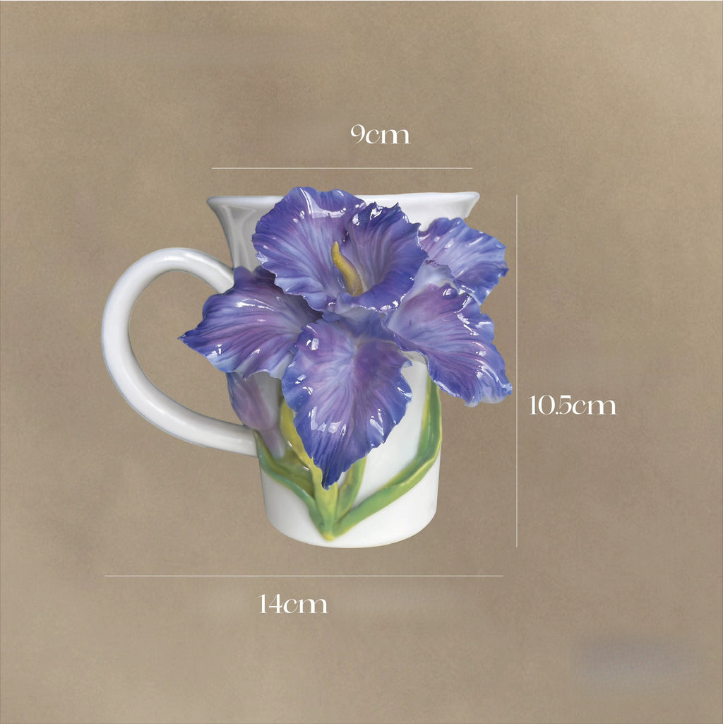 Hand‑Sculpted Purple Iris Flower Ceramic Mug | Artisan 3D Iris Coffee Cup Handmade Decorative Tableware