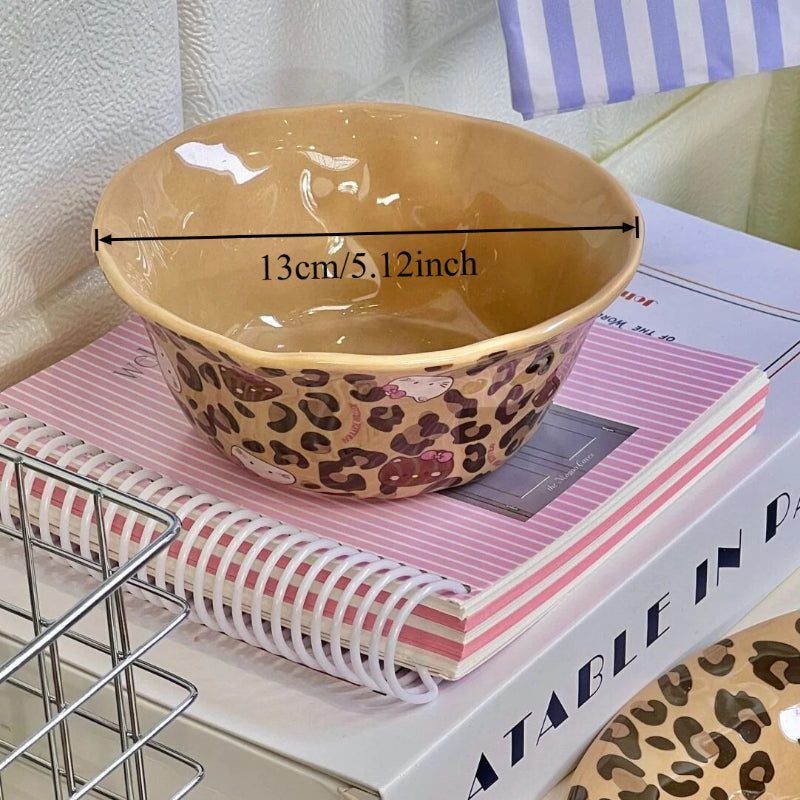 Cute Hello Kitty Leopard Print Ruffled Ceramic Rice Bowl Set of 2