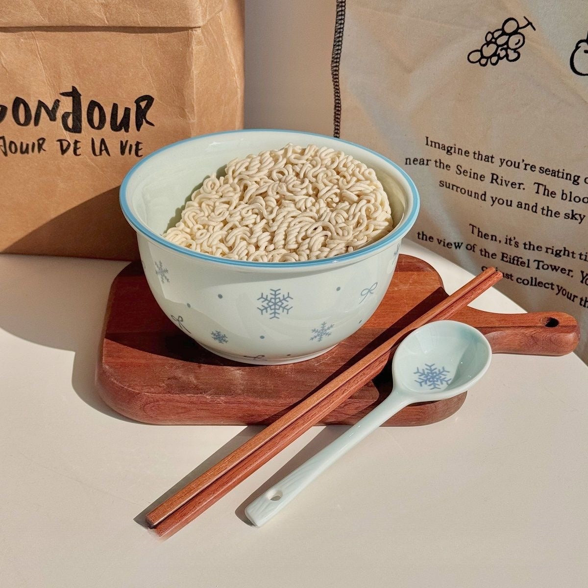 Bibo Winter Snowflake & Bow Ceramic Tableware Set | Cute Blue Scalloped Rim Bowl Plate Spoon Gift Set