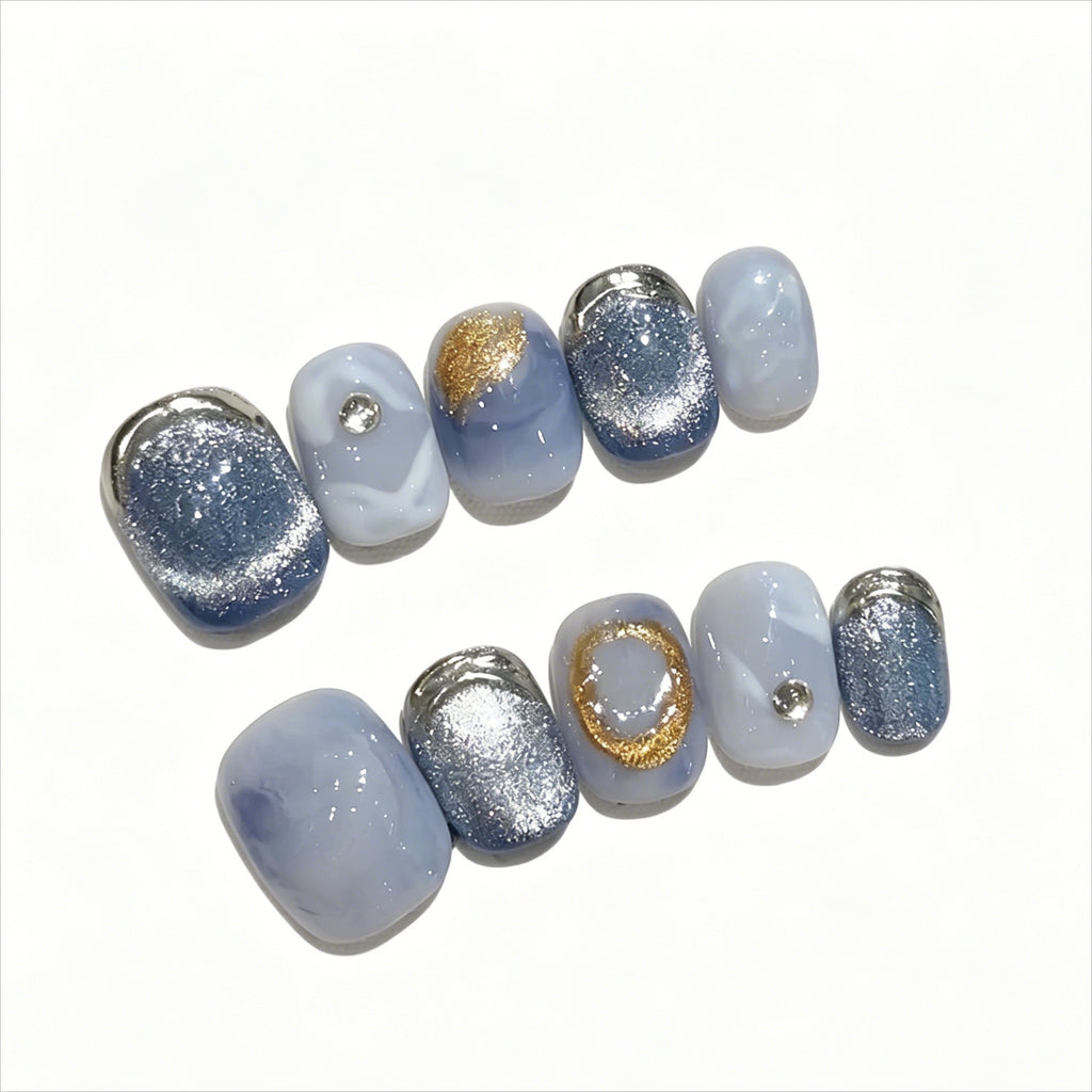 Chic Blue Cat Eye Press On Nails | Marble Gold Silver Short False Nails