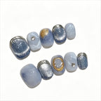 Chic Blue Cat Eye Press On Nails | Marble Gold Silver Short False Nails