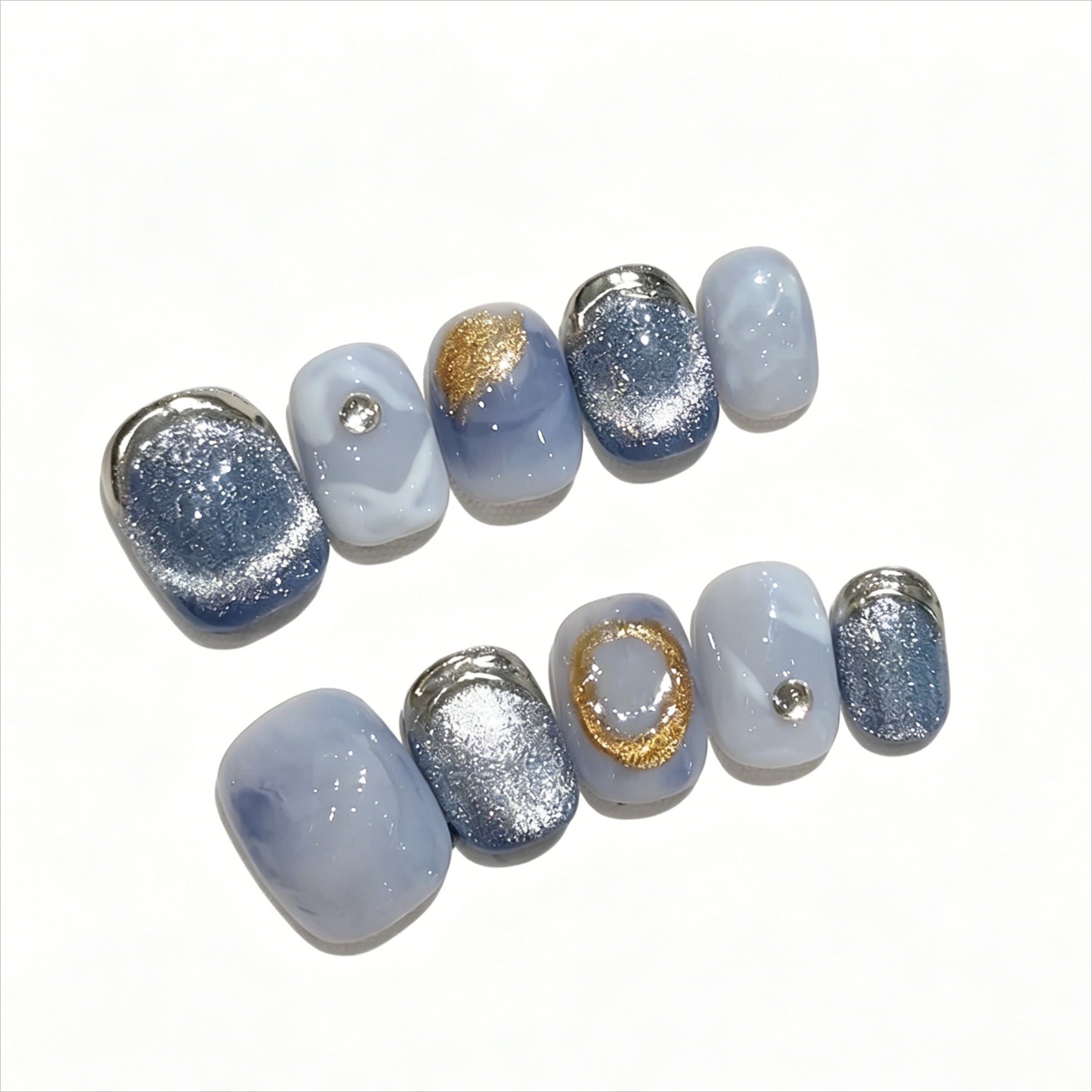 Chic Blue Cat Eye Press On Nails | Marble Gold Silver Short False Nails