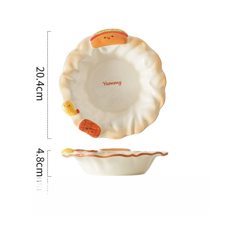 Cute Fast Food 3D Relief Ceramic Tableware Set | Hot Dog Fried Chicken Shaped Bowl Plate Spoon Dinnerware Gift Set