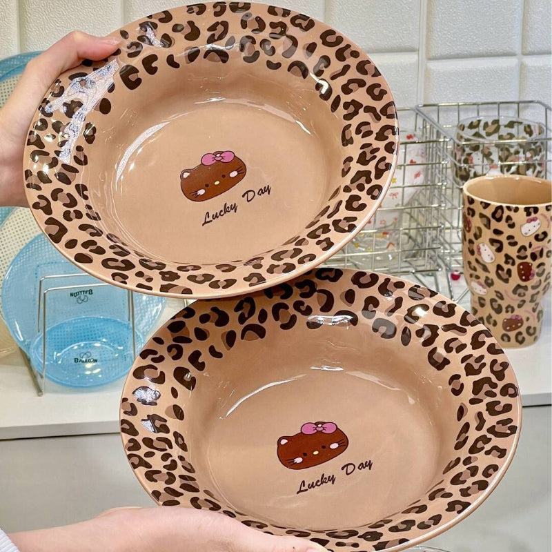 Cute Hello Kitty Leopard Print Ceramic Soup Plate