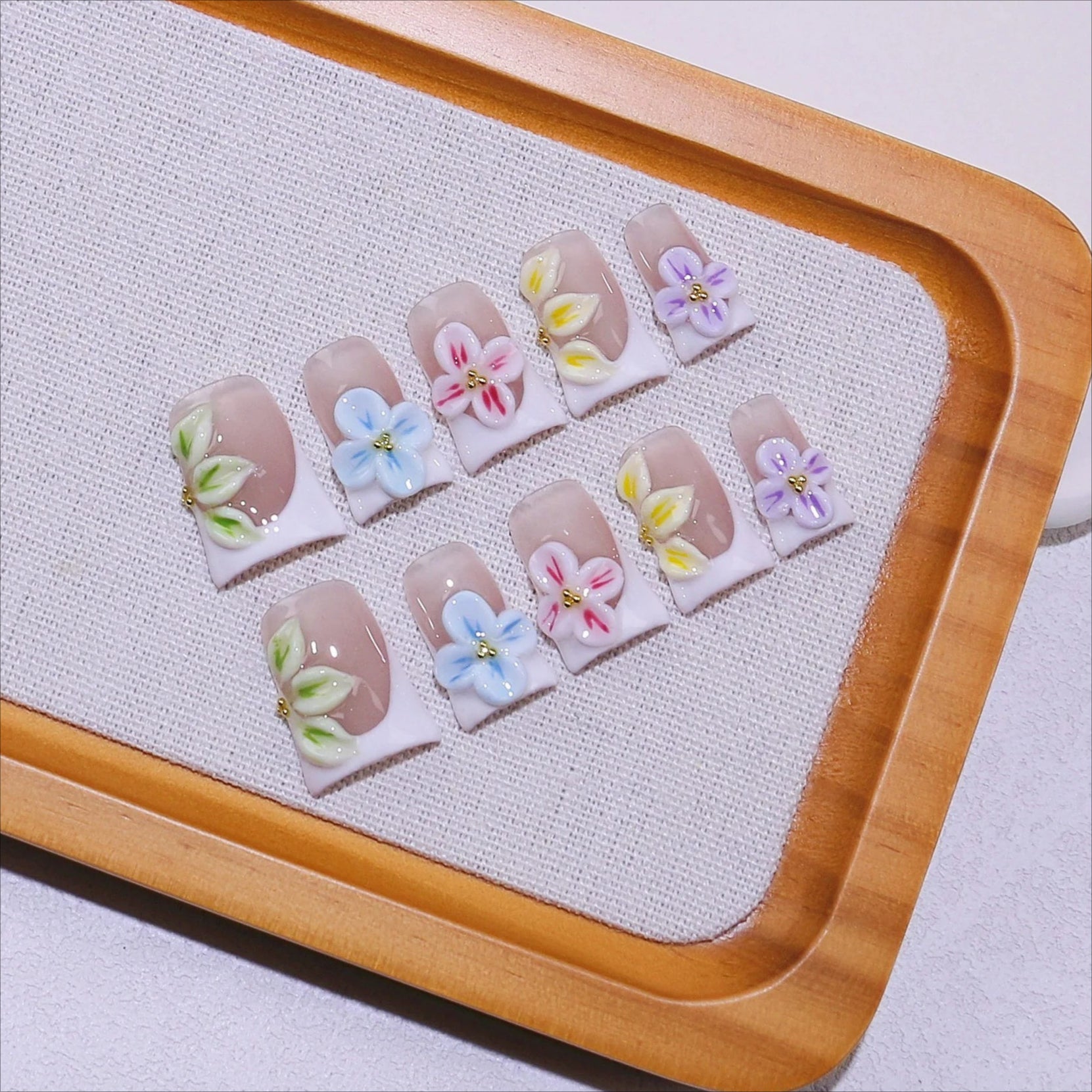 Elegant 3D Floral Press On Nails | Nude White French Tip Daily False Nails