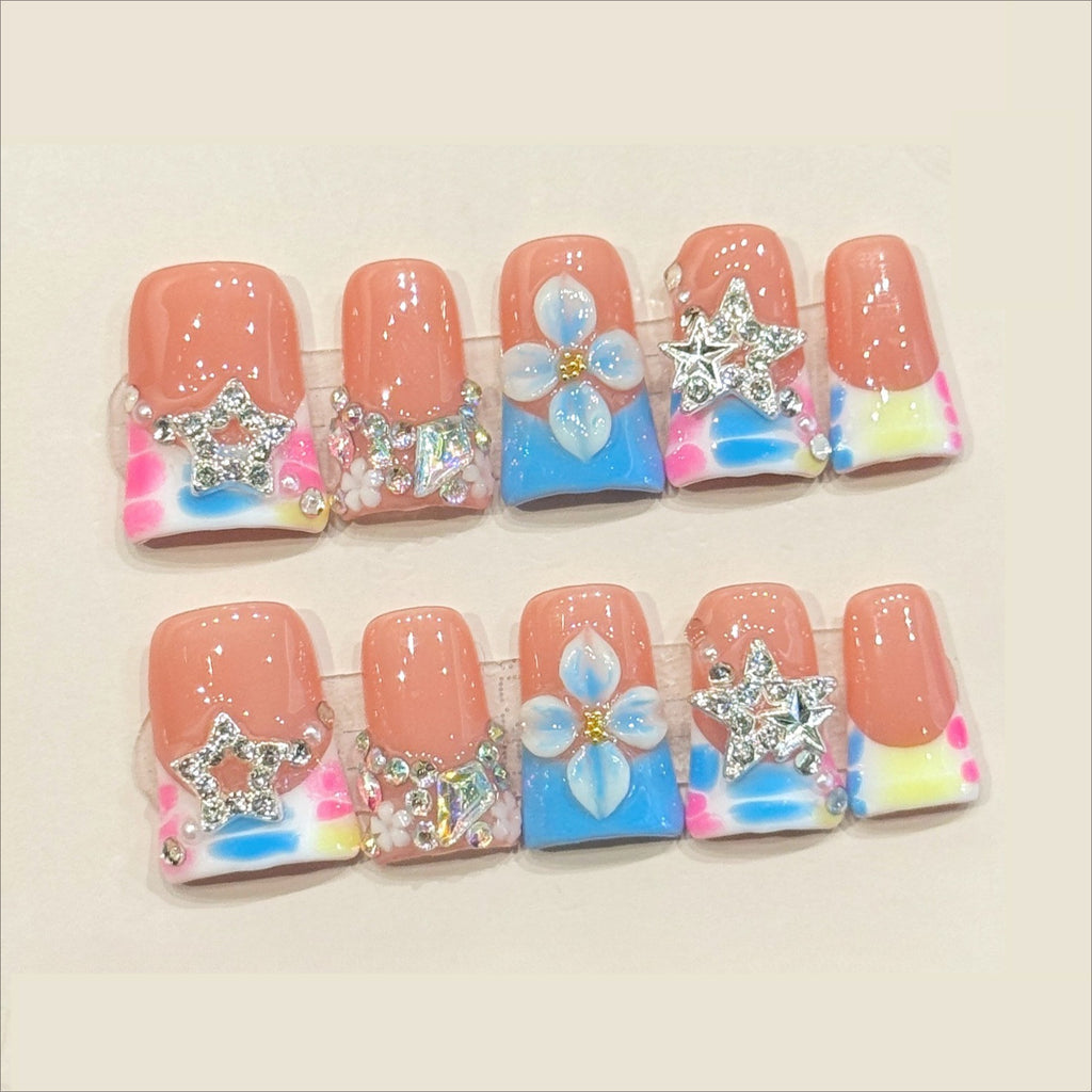 Y2K 3D Flower Star Press On Nails | Colorful French Tip False Nails
