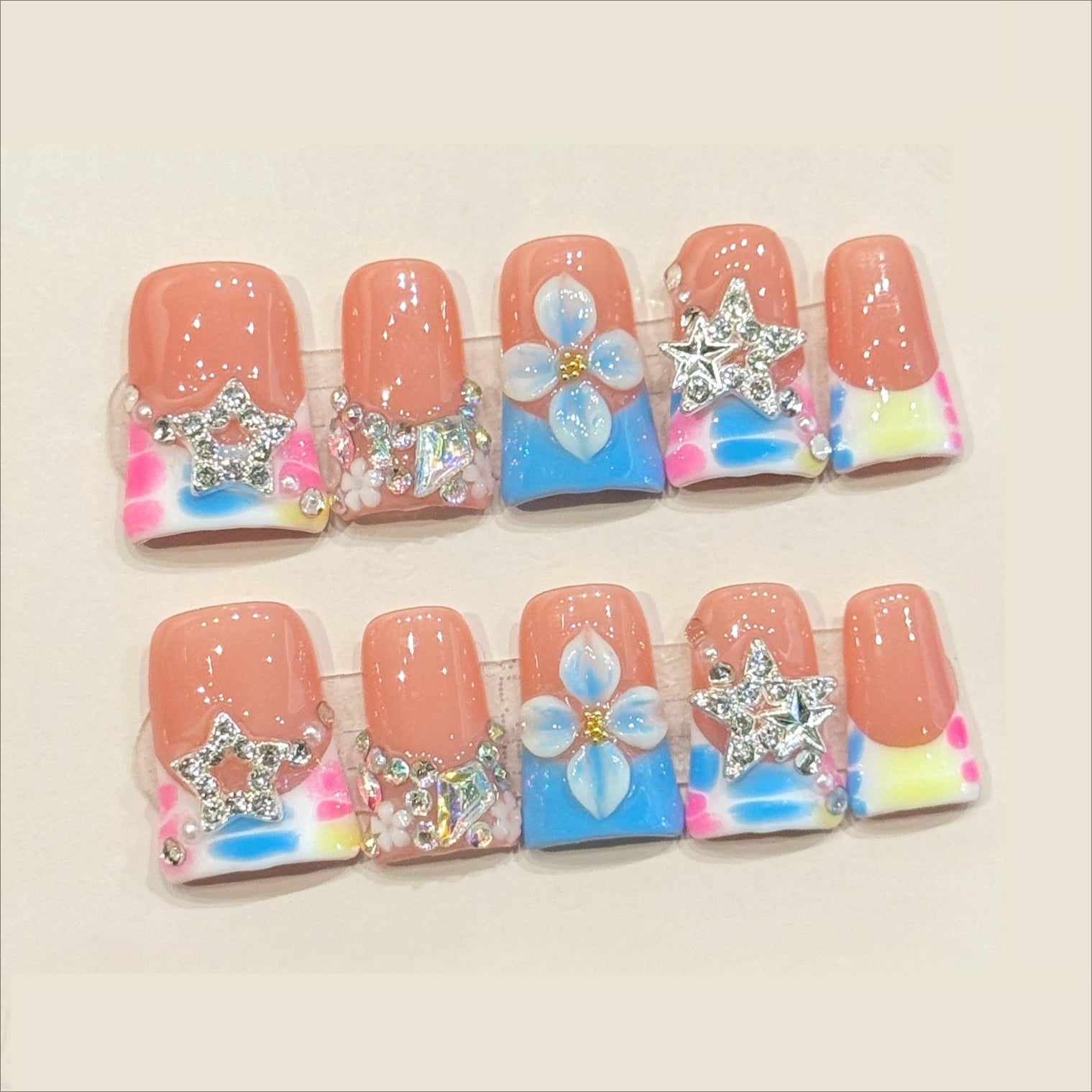 Y2K 3D Flower Star Press On Nails | Colorful French Tip False Nails