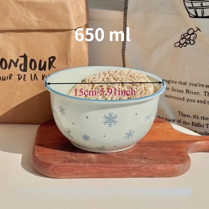 Bibo Winter Snowflake & Bow Ceramic Tableware Set | Cute Blue Scalloped Rim Bowl Plate Spoon Gift Set
