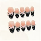 Retro Polka Dot Press On Nails | Pink Bow Rhinestone Long Oval False Nails