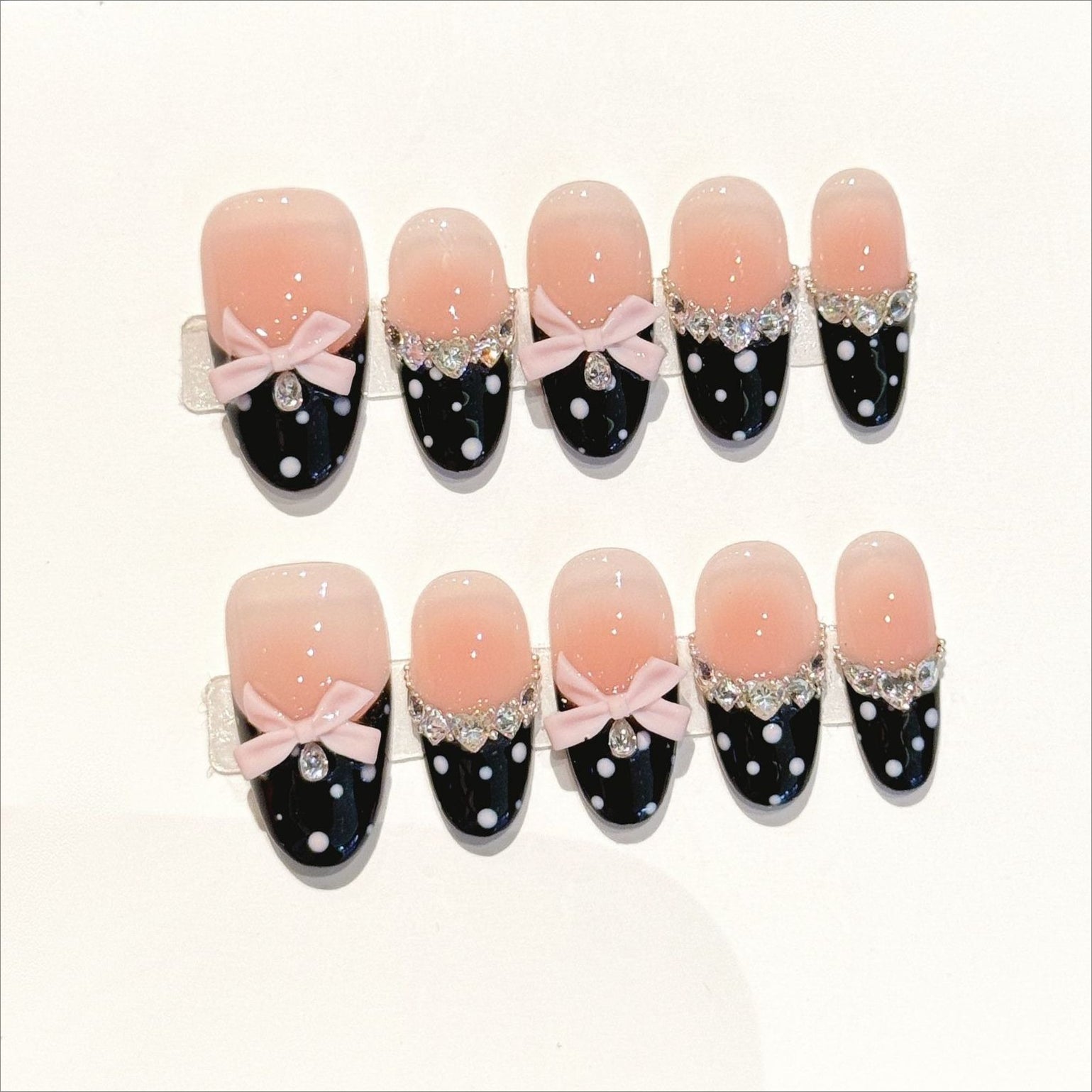 Retro Polka Dot Press On Nails | Pink Bow Rhinestone Long Oval False Nails