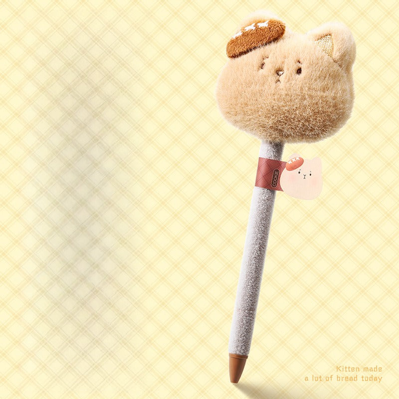 Cute Plush Bread‑Head Cat Retractable Gel Pen | Kawaii Stress Relief Quick‑Dry Black Ink Pen