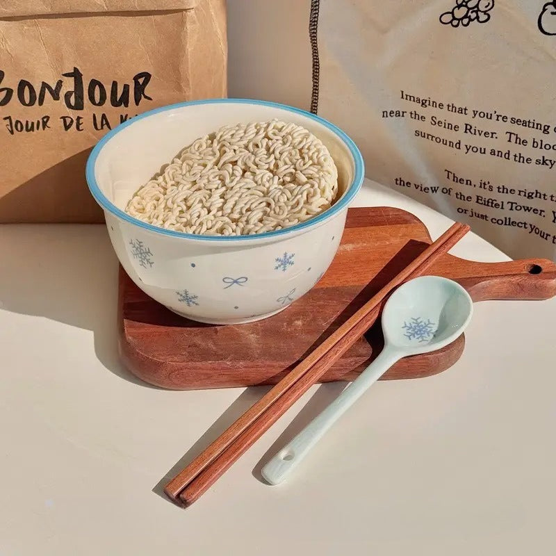 Bibo Winter Snowflake & Bow Ceramic Tableware Set | Cute Blue Scalloped Rim Bowl Plate Spoon Gift Set