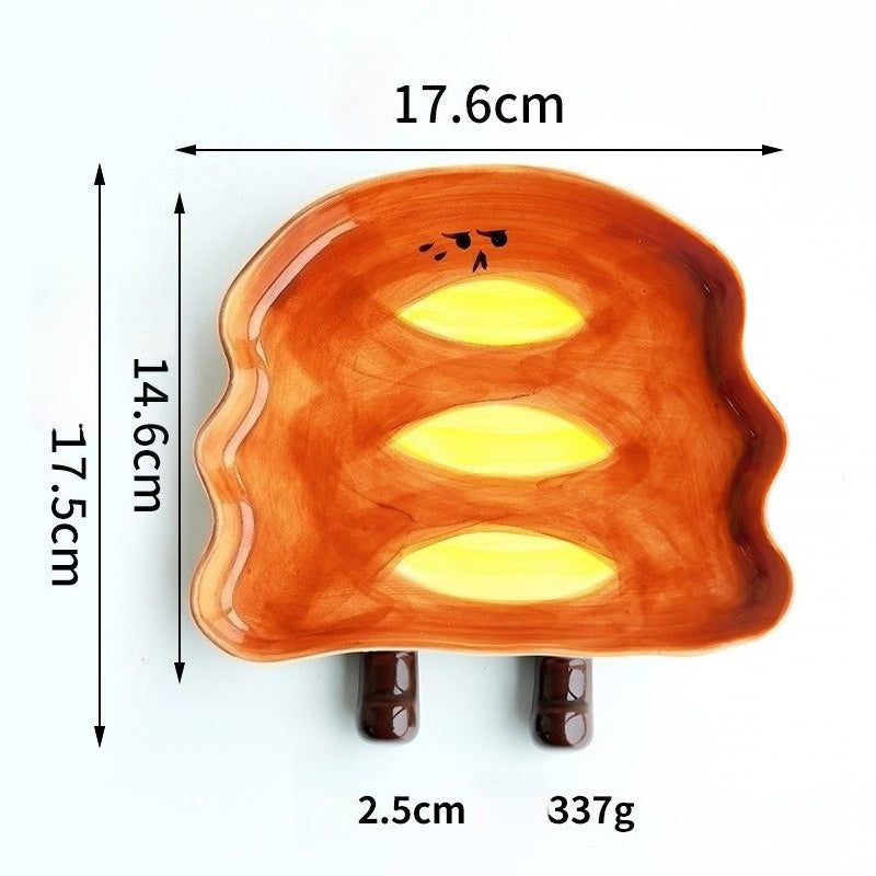 Cute Bread‑Shaped Ceramic Plate Set | 3D Cartoon Toast Design Dishes with Sauce Bowl for Dessert & Snack Serving