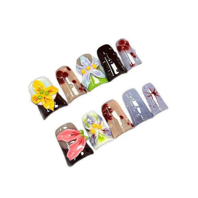 Whimsical 3D Flower Press On Nails | Dark Floral Short Square False Nails