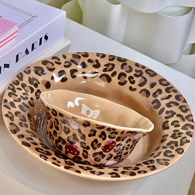 Cute Hello Kitty Leopard Print Ceramic Soup Plate