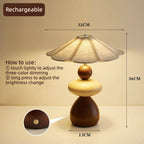 Mid-Century Wooden Table Lamp - Handcrafted Stacked Base with Linen Scalloped Shade