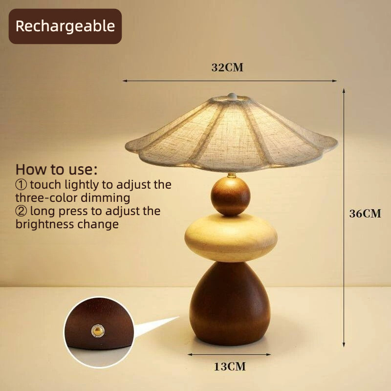 Mid-Century Wooden Table Lamp - Handcrafted Stacked Base with Linen Scalloped Shade