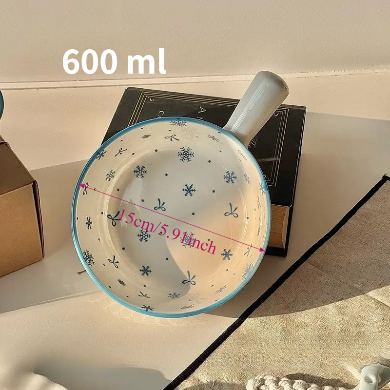 Bibo Winter Snowflake & Bow Ceramic Tableware Set | Cute Blue Scalloped Rim Bowl Plate Spoon Gift Set