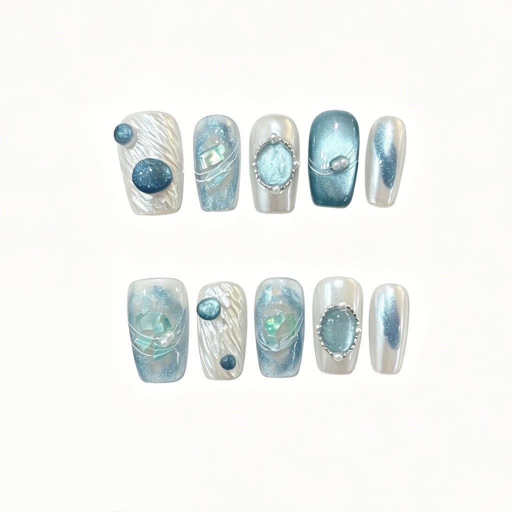 Ocean Blue Cat Eye Press On Nails | 3D Crystal Pearl False Nails