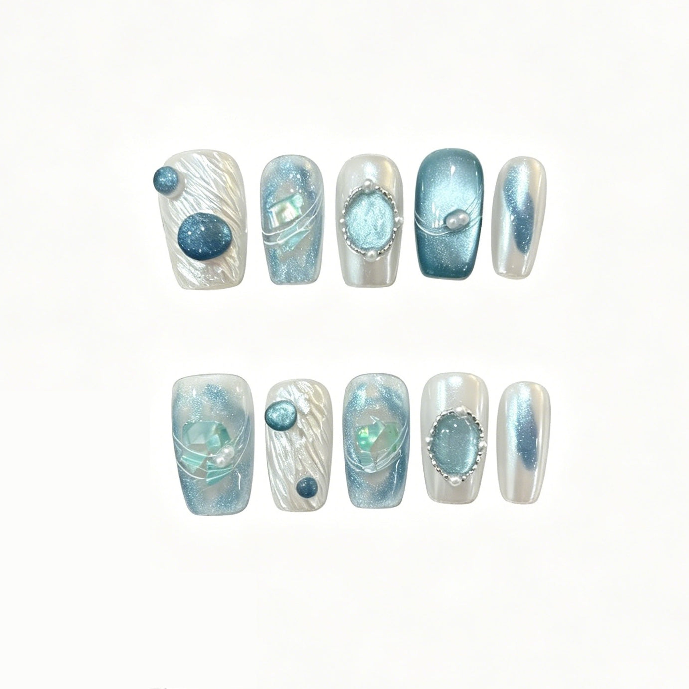 Ocean Blue Cat Eye Press On Nails | 3D Crystal Pearl False Nails
