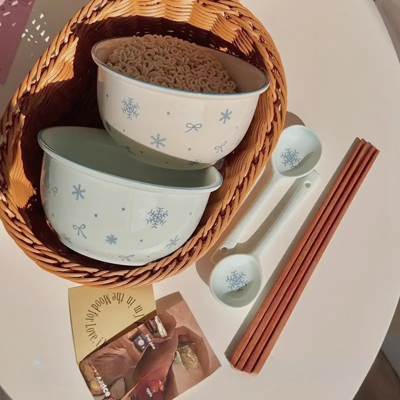 Bibo Winter Snowflake & Bow Ceramic Tableware Set | Cute Blue Scalloped Rim Bowl Plate Spoon Gift Set
