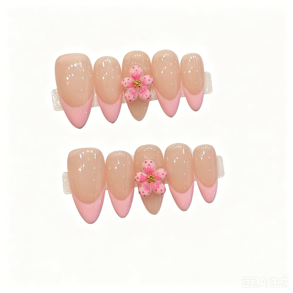 Pink French Tip Press On Nails 3D Cherry Blossom Flower Nude Almond Handmade Fake Nails