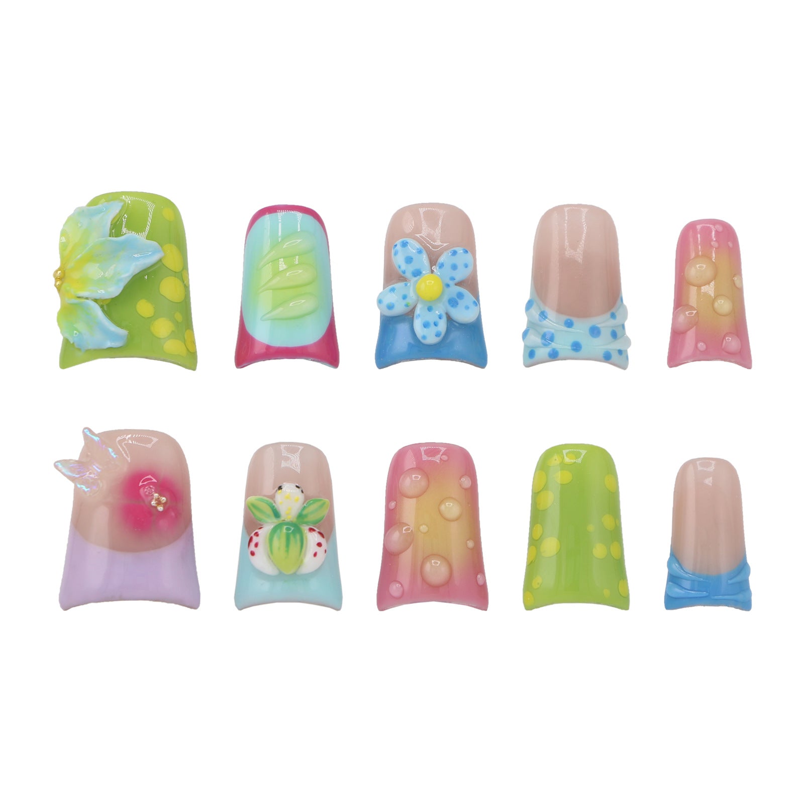 Cute 3D Colorful Butterfly Press On Nails | Summer Pastel Short Square False Nails