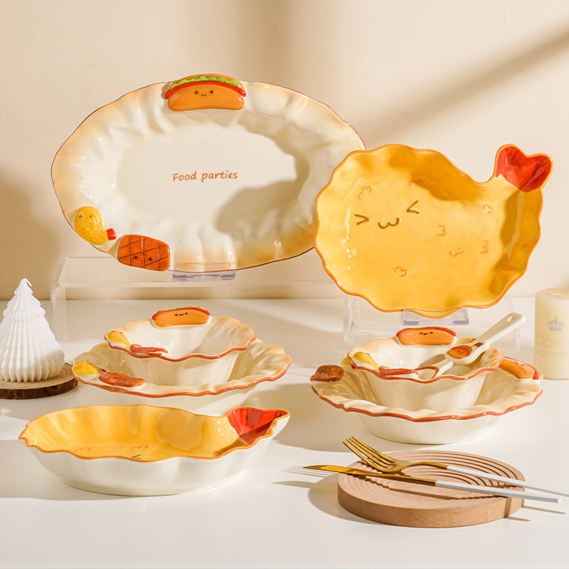 Cute Fast Food 3D Relief Ceramic Tableware Set | Hot Dog Fried Chicken Shaped Bowl Plate Spoon Dinnerware Gift Set
