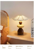 Mid-Century Wooden Table Lamp - Handcrafted Stacked Base with Linen Scalloped Shade