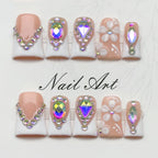 Luxury AB Rhinestone French Tip Press On Nails | Nude 3D Flower False Nails
