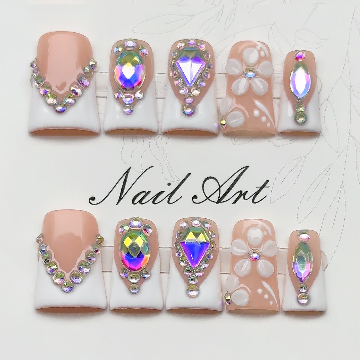 Luxury AB Rhinestone French Tip Press On Nails | Nude 3D Flower False Nails