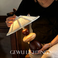 Mid-Century Wooden Table Lamp - Handcrafted Stacked Base with Linen Scalloped Shade