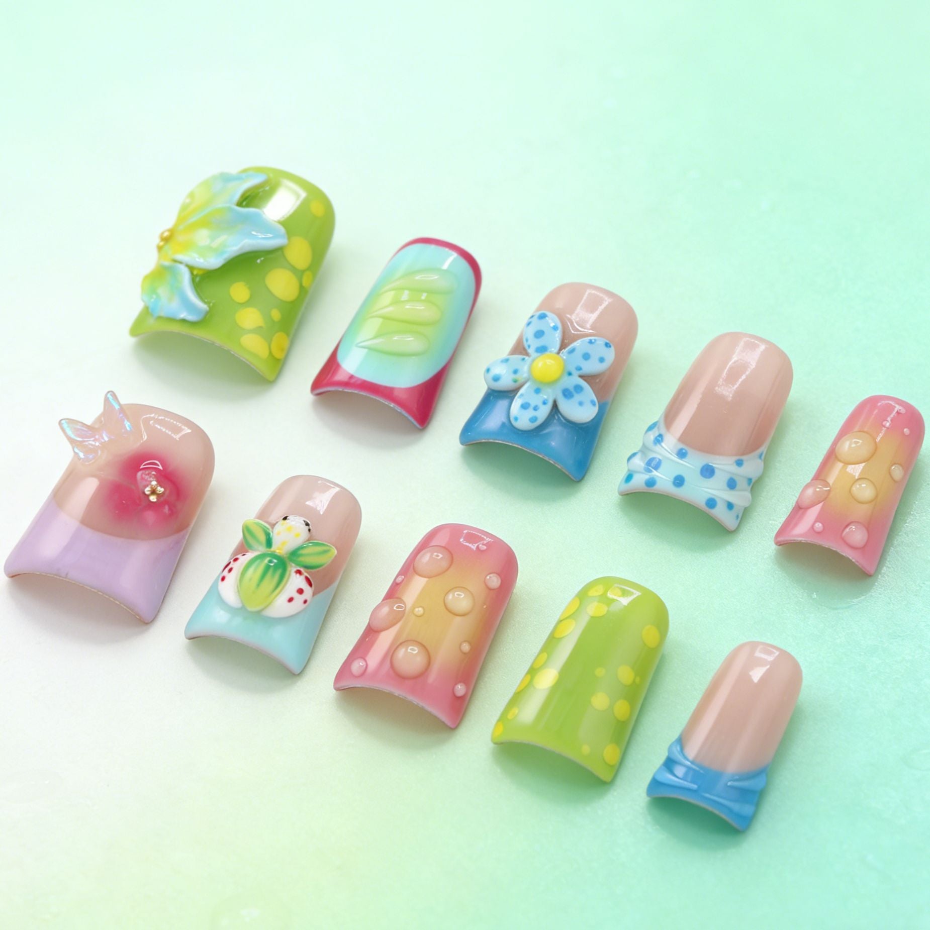 Cute 3D Colorful Butterfly Press On Nails | Summer Pastel Short Square False Nails