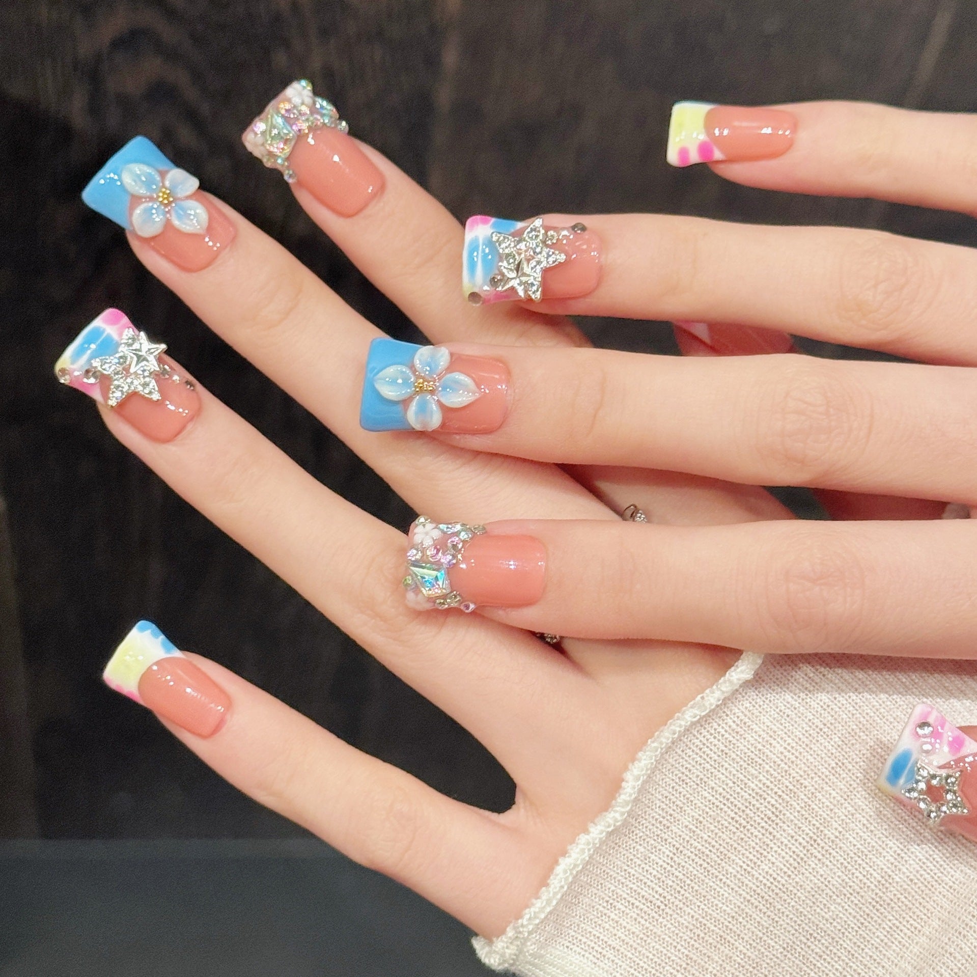 Y2K 3D Flower Star Press On Nails | Colorful French Tip False Nails