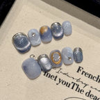 Chic Blue Cat Eye Press On Nails | Marble Gold Silver Short False Nails