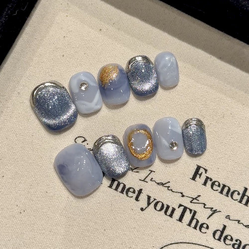 Chic Blue Cat Eye Press On Nails | Marble Gold Silver Short False Nails