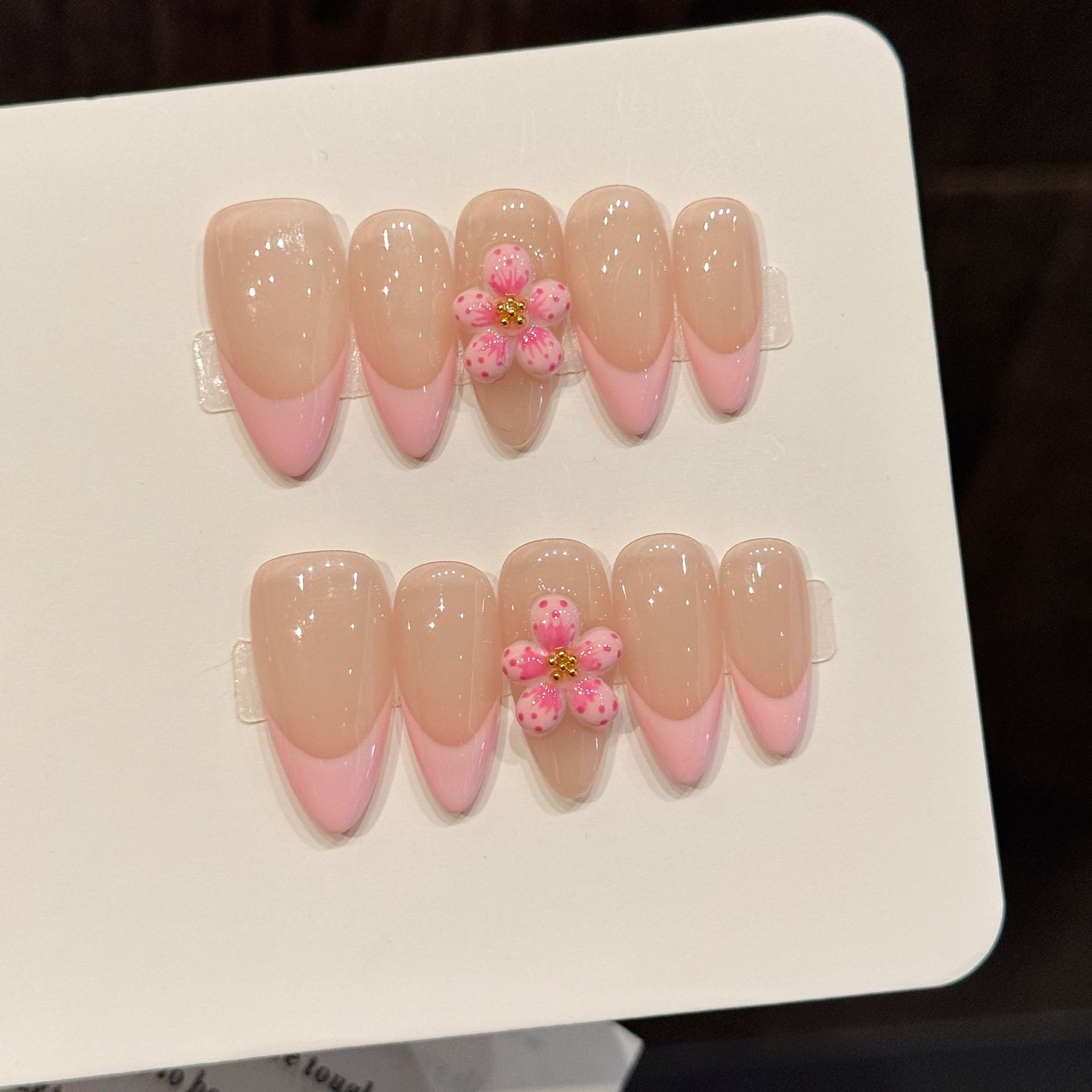 Pink French Tip Press On Nails 3D Cherry Blossom Flower Nude Almond Handmade Fake Nails