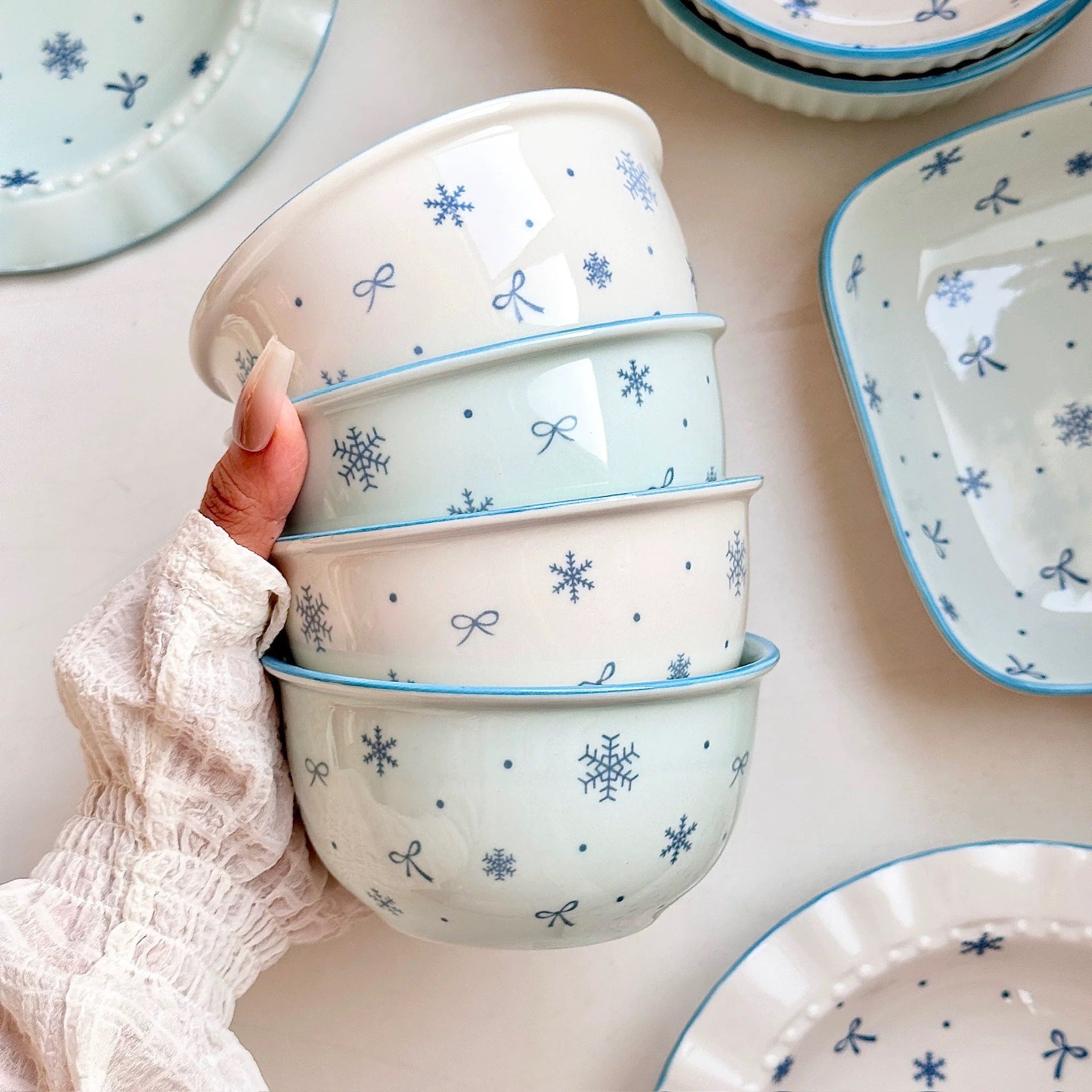 Bibo Winter Snowflake & Bow Ceramic Tableware Set | Cute Blue Scalloped Rim Bowl Plate Spoon Gift Set