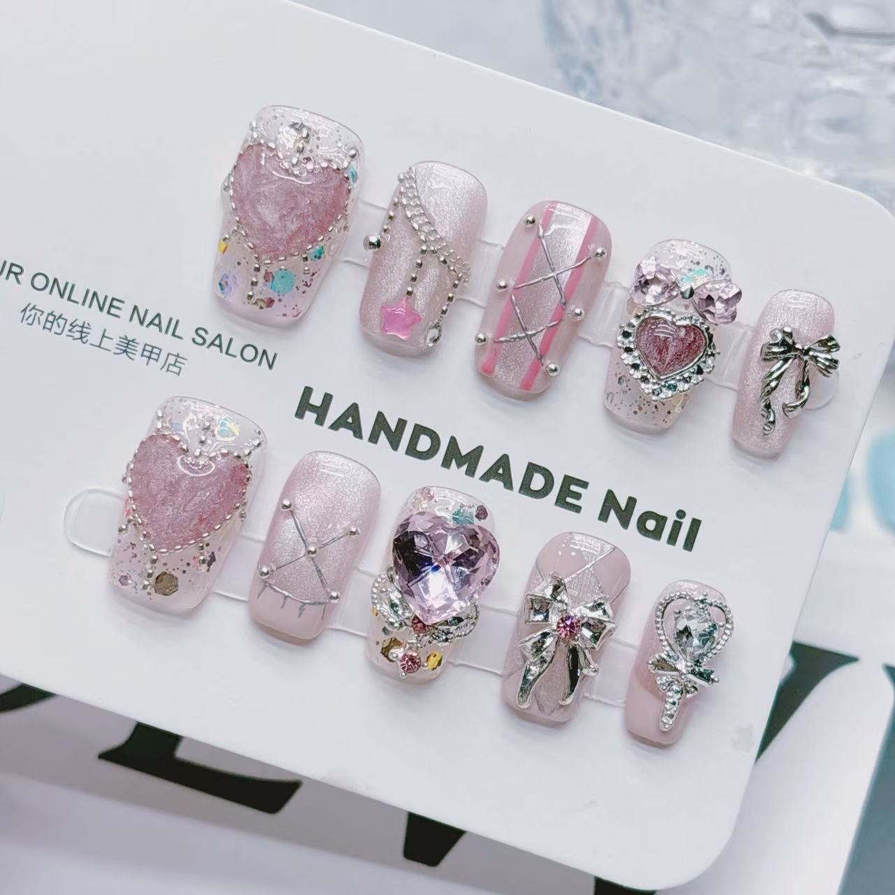 Y2K Pink Heart Press On Nails | 3D Rhinestone Bow Short Square False Nails