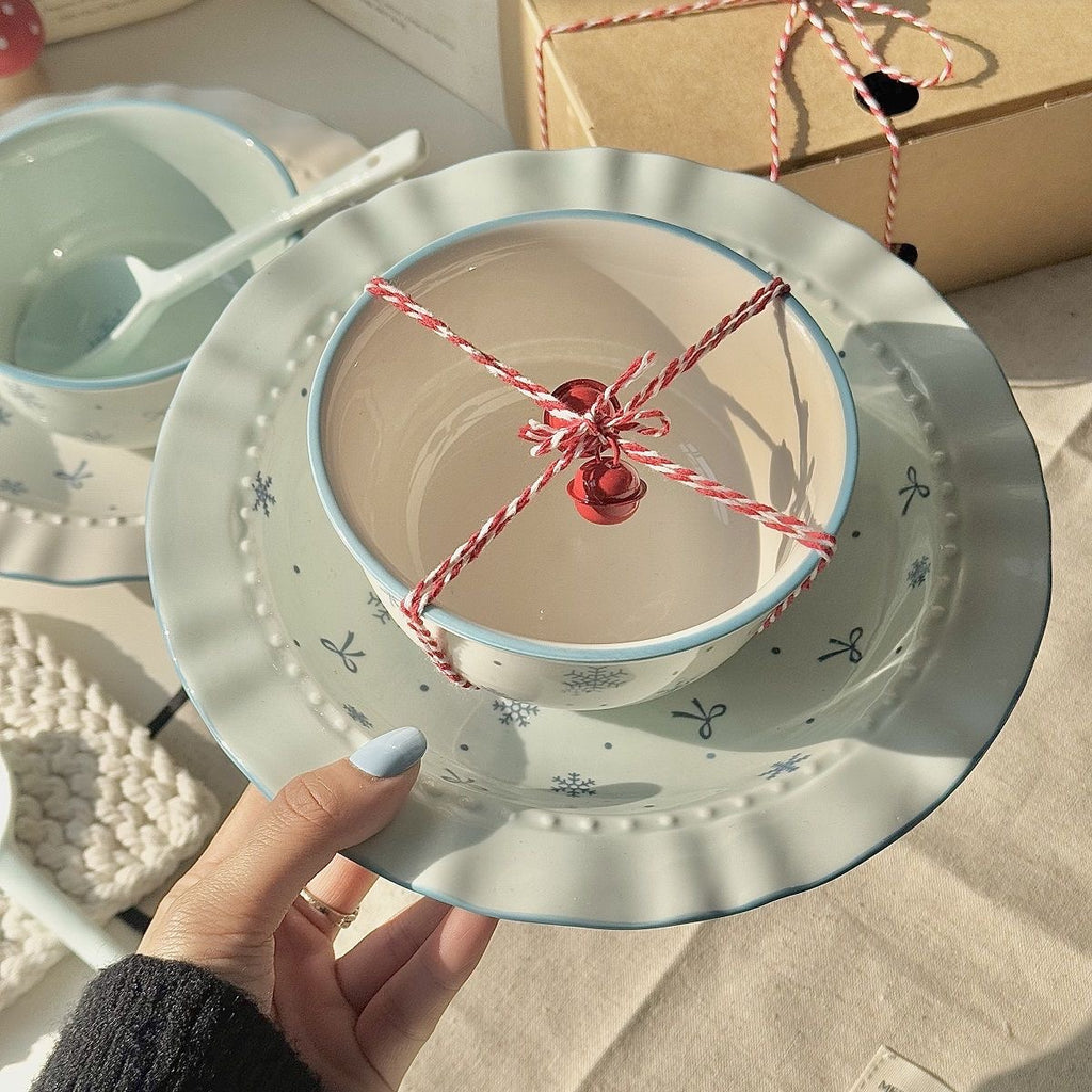 Bibo Winter Snowflake & Bow Ceramic Tableware Set | Cute Blue Scalloped Rim Bowl Plate Spoon Gift Set
